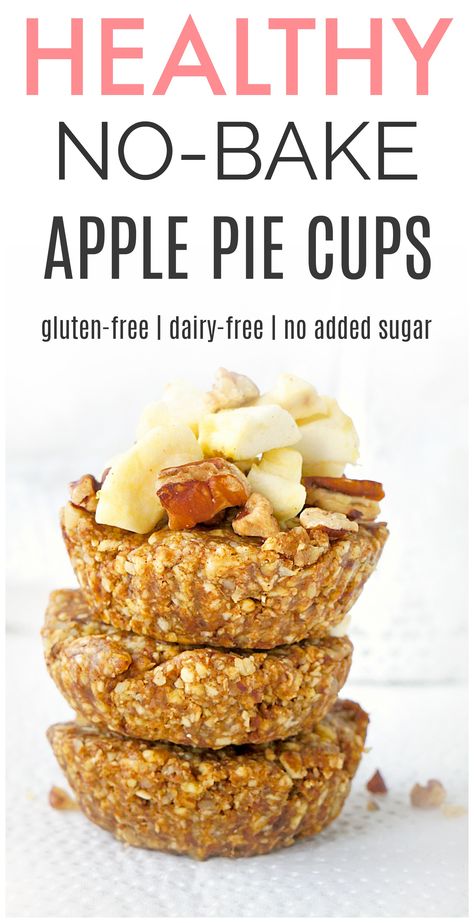 These No-Bake Apple Pie Cups offer all the flavours of apple pie with no oven required, no added sugar and a healthy dose of fibre and healthy fats! Whip up a batch of these cups and store in the fridge or freezer for a quick and healthy snack or treat! Gluten-free, dairy-free & vegan. Apple Recipes For Toddlers, Apple Pie Cups, Pie Cups, Gluten Free Apple Pie, Baked Apple Dessert, Baked Apple Recipes, Apple Snacks, Cooking Tricks, Bakery Menu