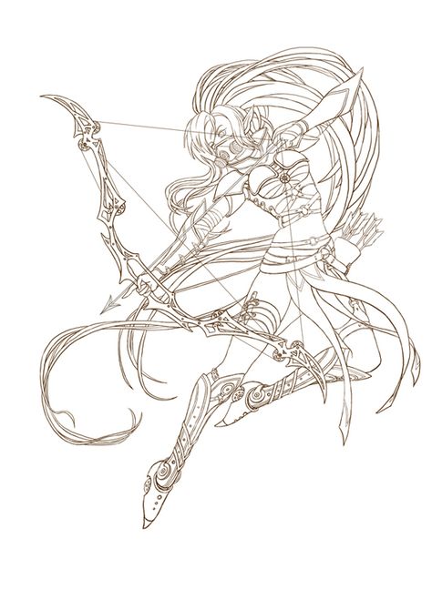 Steampunk archer on Behance Man Holding Bow And Arrow Drawing Reference, Anime Bow Pose, Archery Pose Reference Drawing, Bow Pose Reference, Archer Poses Drawing, Archer Anime, Archer Oc, Bow Poses, Archer Drawing Reference