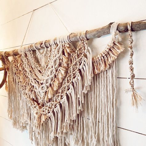 This Beautiful Large Macrame Wall Hanging Is Blended In Texture And Color With Gold Spun Macrame Cord And Is Perfect To Add Texture To Any Wall Or Space! Handmade By Me! Macrame In Frame, Wide Macrame Wall Hanging, Macrame Wall Hanging Bedroom, Knitting Lessons, Home Fall Decor, Sunset House, Fall Home Decor Ideas, Wall Macrame, Tapestry Pink