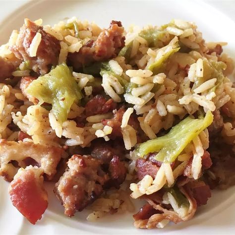 Hatch Chile Dirty Rice Recipe Dirty Rice Recipe With Sausage, Hatch Chile Salsa, Hoppin John Recipe, Recipe With Sausage, Sausage And Bacon, Chile Salsa, Dirty Rice Recipe, Hoppin John, Chile Peppers