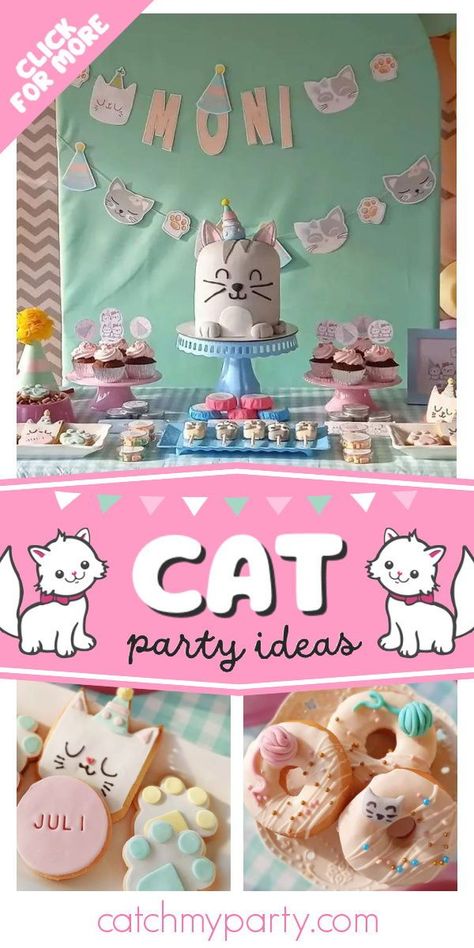 Don't miss this cute cat-themed party! The donuts are adorable! See more party ideas and share yours at CatchMyParty.com Cat Birthday Party Snacks, Cat Themed Birthday Party Treats, Cat Pool Party, Cat Themed Party Snacks, Cat Themed Birthday Party Food, Cat Themed Food, Cat Party Food, Kitten Themed Birthday Party Cake Ideas, Cat Themed Pastries