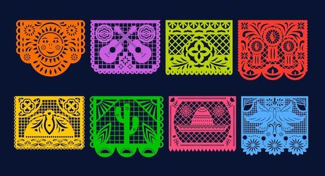 Banderas de papel, banderines mexicanos del día de muertos en papel picado. méxico dia de los muertos o guirnalda de fiesta de halloween con adornos recortados de calavera esqueleto, sombrero, flor de caléndula y pájaro | Vector Premium Mexican Sun, Día De Muertos, Dia De Muertos, Clip Art, Stamp, Tattoos, Halloween