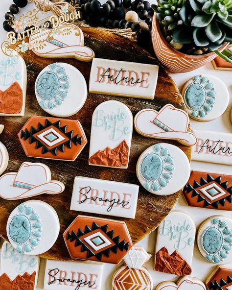 Western Bachelorette Theme Ideas, Southwestern Bridal Shower Ideas, Western Bridal Shower Theme, Country Wedding Cookies, Ear Tag Cookies, Country Themed Bridal Shower Ideas, Turquoise Bridal Shower Ideas, Bridal Shower Western Theme, Bridal Shower Themes Western