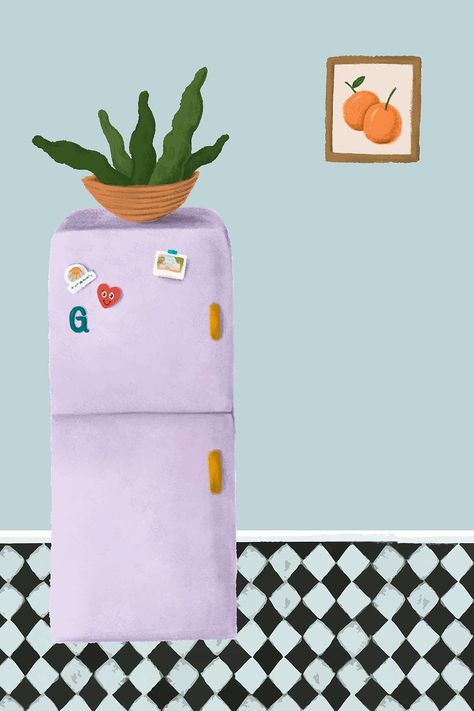 Fridge Illustration Art, Purple Fridge, Refrigerator Illustration, Fridge Drawing, Fridge Room, Fridge Illustration, Kitchen Sketch, Room Cartoon, Fridge Art