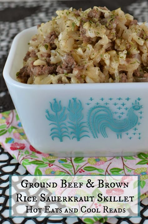 Hot Eats and Cool Reads: Ground Beef and Brown Rice Sauerkraut Skillet Recipe Onion Rice Recipe, Pork Chops And Sauerkraut, Onion Rice, Black Mulberry, Main Recipes, Ground Beef Rice, Recipe Rice, Ground Beef Stroganoff, Healthy Ground Beef