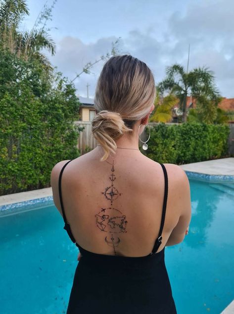 Spine Travel Tattoo, Travel Tattoo Ideas For Women, Watercolor Bike, Rug Tattoo, Travel Tattoo Ideas, Back Tattoo Women Spine, Spinal Tattoo, Flower Spine Tattoos, Heart Watercolor