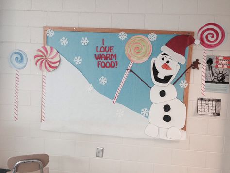 Olaf's Christmas. Cafeteria bulletin board. Christmas Decorations For School, Cafeteria Decorations, School Cafeteria Decorations, Cafeteria Bulletin Boards, Decorations For School, Lunch Board, Soft Board Decoration, Kitchen Boards, Nurse Bulletin Board