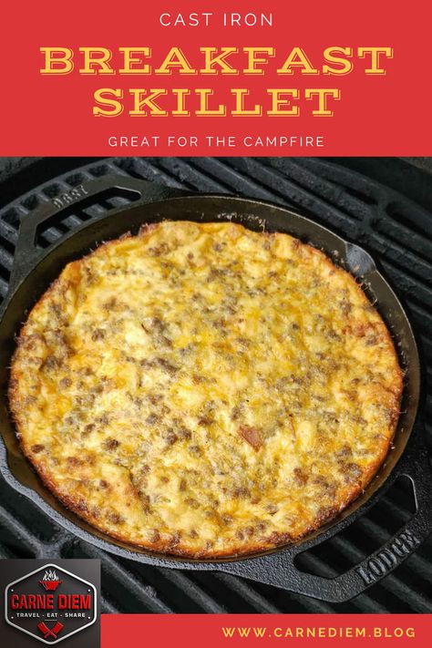 This sausage and bacon breakfast casserole is the perfect breakfast recipe for your next campout. Cooking in a cast iron pan, gives a delicious caramelized exterior that pairs perfectly with the cheesy eggs. This quick and east breakfast casserole has just the right amount of heat with hot sausage and a touch of hot sauce. Breakfast Skillet Casserole, Cast Iron Breakfast Skillet, Cast Iron Skillet Breakfast, Iron Skillet Breakfast, Cast Iron Breakfast, Bacon Breakfast Casserole, Skillet Casserole, Skillet Breakfast, Sausage And Bacon