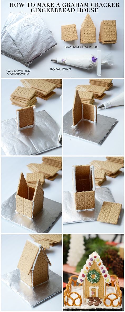 how to make a gingerbread house out of graham crackers Graham Cracker Gingerbread, Graham Cracker House, Gingerbread House Party, Graham Cracker Gingerbread House, Fun Christmas Party Ideas, Cracker House, Gingerbread House Parties, Make A Gingerbread House, Gingerbread Party