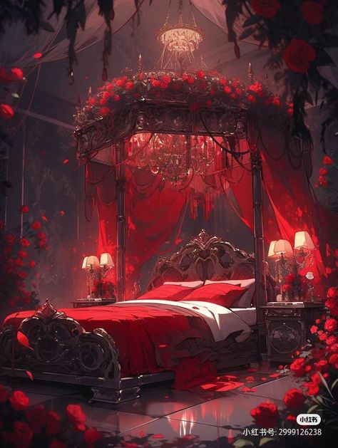 Vtuber Room, Vampire House, Vampire Castle, Castle Bedroom, Emotional Painting, Fantasy Bedroom, Dark Castle, Fantasy Rooms, Flower Bedroom