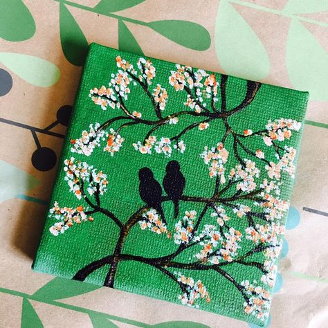 Custom order for an anniversary gift! #MDC #valentinesday #valentinesgift #lovebirds #cherryblossom #giftsforher #tinypainting #acrylicpainting #canvaspainting #gallerywrap #wallhanging #walldecor #shelfdecor #nookdecor Green Mini Paintings, Painting Gifts For Wedding, Diy Green Painting, Canvas Green Painting, Green Simple Painting, Easy Green Painting Ideas, Tiny Acrylic Painting Mini Canvas, Simple Love Painting, Wedding Gift Painting Ideas