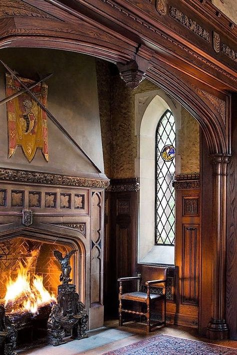 crackling fire - grand - warm - classic - traditional - old world Salvatore Mansion, Glenridge Hall, Salvatore Boarding House, Medieval Interior, Casa Hobbit, English Manor Houses, Old Fireplace, Boarding House, Castles Interior