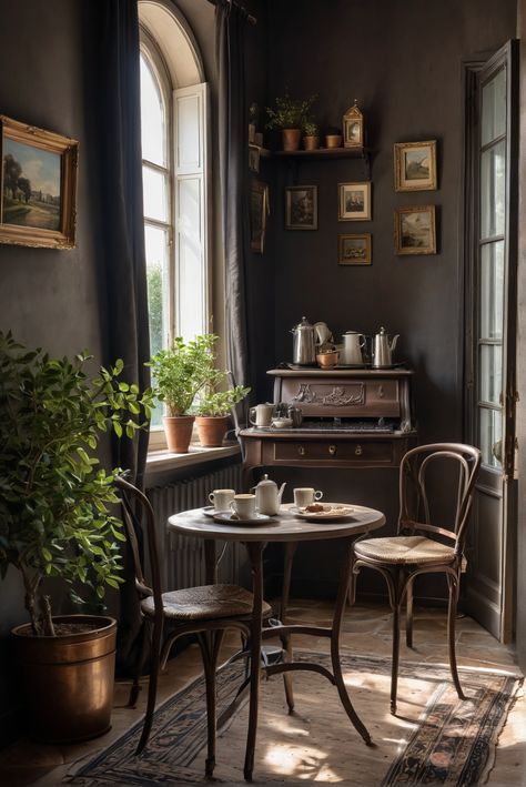 Cozy Coffee Corner, French Countryside Aesthetic, French Countryside Decor, Coffee Corner Ideas, Cafe Plants, Coffee Corners, Inviting Aesthetic, Coffee Table Inspiration, Rustic Table Setting