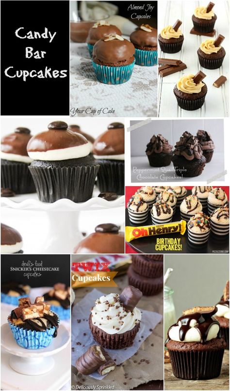 Candy Bar Cupcake Recipes - delicious cupcakes made with your favorite chocolate bars! Cupcake Themes, Chocolate Cheesecake Cupcakes, Almond Joy Cupcakes, Candy Bar Cupcakes, Fancy Desserts Recipes, Leftover Halloween Candy, Delicious Cupcakes, Desserts Cake, Amazing Desserts