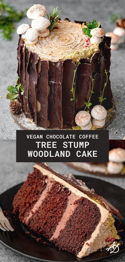 chocolate tree stump cake with chocolate bark and mushroom meringues. Chocolate Bark Cake, Coffee Meringue, Meringue Mushrooms, Stump Cake, Tree Stump Cake, Mushroom Cake, Chocolate Tree, Woodland Cake, Vegan Cake Recipes