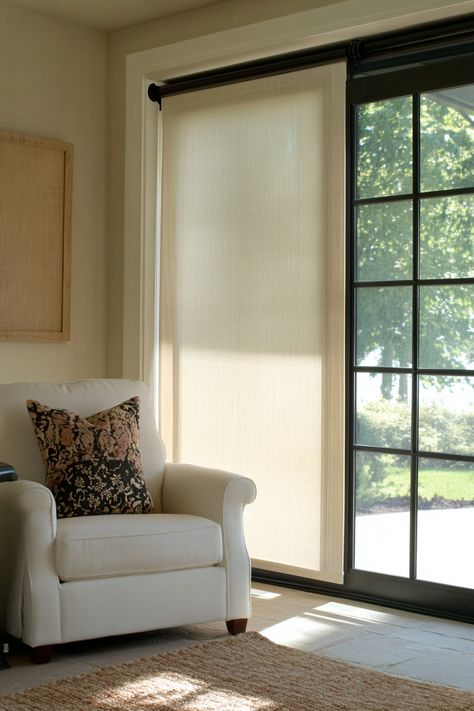 13 Stylish Window Treatments for Sliding Glass Doors - DreamyHomeStyle Shades On Windows, Modern Window Treatments For Sliding Doors, Roman Blinds Sliding Door, Door Treatments Interior, Best Sliding Door Window Treatments, Shades For Windows Ideas, Sliding Patio Door Window Treatments Ideas, Sliding Door Shades Ideas, Sliding Glass Door Window Coverings