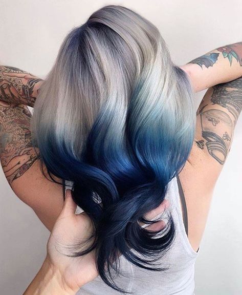 White Hair Highlights, Silver Blue Hair, White Ombre Hair, Diy Ombre Hair, Blue Grey Hair, Hair Expo, Denim Hair, Blue Ombre Hair, Blue Black Hair