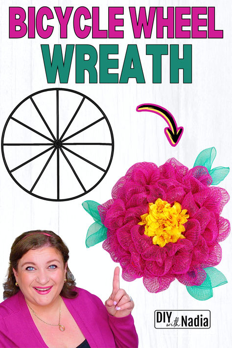 How to make BICYCLE WHEEL WREATH | Deco Mesh Flower Wreath DIY Tutorial #wreath #decomesh Bicycle Rim Wreath Diy, Dollar Tree Wagon Wheel Wreath, Bicycle Wheel Wreath Diy, Wheel Wreath Ideas, Deco Mesh Flower Wreath, Wagon Wheel Wreath, Flower Wreath Diy, Mesh Flower Wreath, Bicycle Wreath