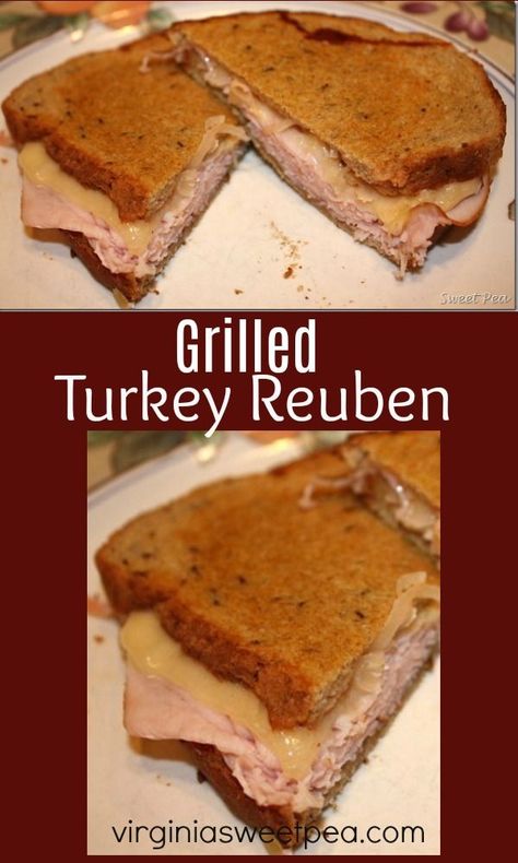 Grilled Turkey Reuben - Turkey and swiss grilled on rye bread with 1,000 Island dressing and sauerkraut makes a tasty sandwich.  virginiasweetpea.com #sandwich #grilledsandwich #turkeyreuben #reuben Rye Bread Sandwiches, Turkey Reuben, Pinterest Food, Honey Walnut Shrimp, Grilled Turkey, Deli Turkey, Bar Food, Bar And Grill, Grilled Sandwich