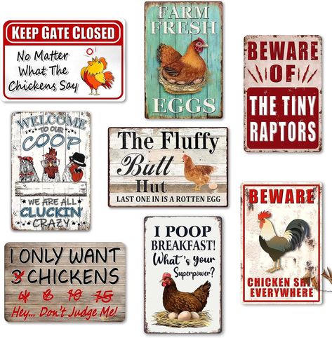 Cute signs to decorate in and around your coop. Chicken House Decor, Metal Signs Outdoor, Funny Chicken Coop, Chicken Coop Metal, Chicken Coop Accessories, Coop Signs, Coop Accessories, Chicken Accessories, Chicken Coop Decor