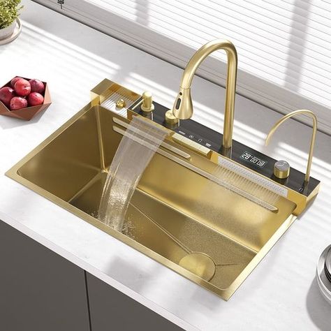 29" Gold Drop-in Workstation Kitchen Sink with Faucet Single Bowl Stainless Steel Double Wide Kitchen Sink, Gold Undermount Kitchen Sink, Stainless Steel Kitchen Appliances Decor, Fancy Sinks Kitchen, Dream Kitchen Sink, Black Sink Golden Faucet Kitchen, Kitchen Workstation Sink, Workstation Kitchen Sink, Stainless Steel Sink With Gold Faucet