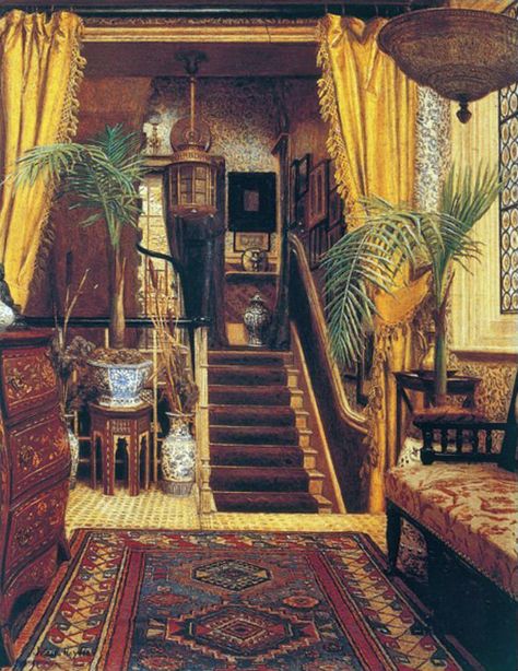 Jessica Hayllar (1858-1940) - The Hallway Fearless Decorations, Jessica Hayllar, Explorer Decor, Bohemian Architecture, Victorian Rooms, Victorian Interior Design, Potted Palms, Parlor Palm, Hallway Art