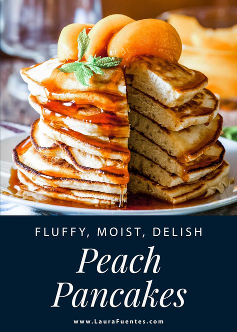 Peach Pancakes Recipes, Spring Pancakes, Peach Pancakes, Breakfast Potluck, Colorado Cabin, Gourmet Pancakes, Brunch Bake, Freeze Pancakes, Delicious Pancakes