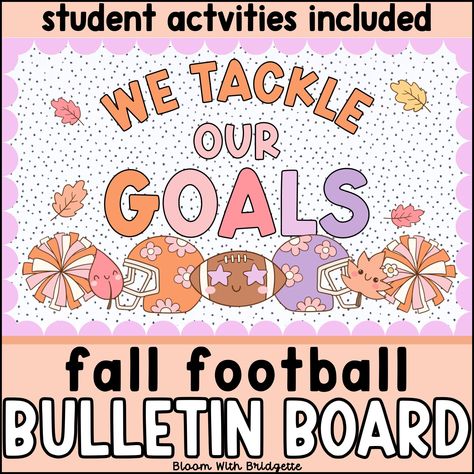 Kick off this season with some fun goal-setting with this Fall Football Bulletin Board Kit! Enjoy a fun fall color scheme, adorable art, 4 phrases to choose from, and student goal-setting activities! This printable fall football decor is perfect for your September bulletin board. Enjoy decorating your bulletin board with pompoms, football characters, helmets, megaphones, leaves, leaf characters, and more! Choose from FOUR sayings and use another on your classroom door! Add one of the fun bulletin borders and banners to finish off the look! The bulletin board ideas are endless! Grab this goal-setting bulletin board today - it's perfect for upcoming parent-teacher conferences! Check out a freebie from the collection by clicking here! Let's dig into the details... - Multiple Bulletin Board Sa Career Prep Bulletin Boards, Competition Bulletin Board Ideas, Orange Bulletin Board Ideas, Fall Bulliten Board Ideas Classroom, Sunshine Committee Bulletin Board, School Attendance Bulletin Board Ideas, Fall Football Bulletin Board Ideas, Candy Theme Bulletin Board Ideas, March Is Reading Month Bulletin Board