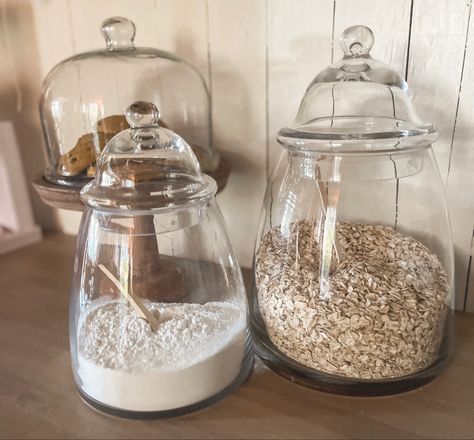 Dome shaped jars, glass jars on counter, liz marie galvans jars in kitchen, Bon bon jar dupe, cheap glass jars, affordable jars on counter Glass Canisters In Kitchen Display, Glass Canisters In Kitchen, Glass Jars Kitchen Counter, Flour And Sugar Containers On Counter, Kitchen Canisters On Counter Display, Kitchen Canisters On Counter, Sugar And Flour Container, Glass Food Canisters, Oatmeal Canister