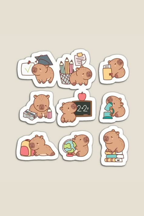 Set of school and students Capybara in cartoon cute style, all cute Animals with different school accessories in a kawaii style.     sticker, animal, capybara, student, school, education, small, pack, hydro, funny, happy, doodle, kawaii, set, cartoon, cute Kawaii Animal Stickers, Cute Journal Stickers, Cute Animals Stickers, Education Stickers, Student Stickers, Capybara Sticker, Cute Cartoon Stickers, School Kawaii, Capybara Cute