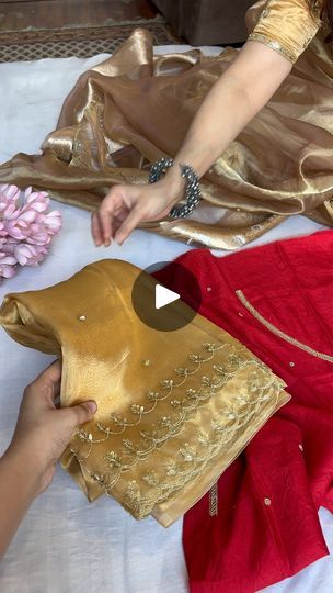 Gold Tissue Saree With Contrast Blouse, Red Colour Saree With Contrast Blouse, Gold Saree With Red Blouse, Gold Colour Saree Contrast Blouse, Red Saree With Contrast Blouse, Gold Saree With Contrast Blouse, Red Saree Contrast Blouse, Red Color Outfits, Silk Blouse Outfit