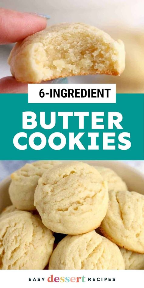 This quick and easy butter cookie recipe is made with just 6 staple ingredients and takes just 25 minutes. So simple! Simple Ingredient Baking Recipes, Few Ingredient Cookie Recipes, Quick Candy Recipes Simple, Unsalted Butter Recipes, Fast And Easy Cookies Recipes, Small Batch Butter Cookies, Easy Holiday Cookies Simple, Easy Soft Cookies, Fast And Easy Cookies