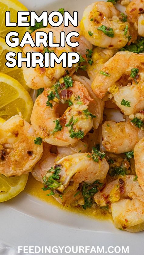 This recipe for Easy Lemon Garlic Shrimp is loaded with shrimp covered in a tangy, buttery, garlicky sauce that is super simple to make. Garlic and Lemon Shrimp are ready in less than 15 minutes and are always a huge hit! This easy shrimp recipe is perfect for a busy weeknight dinner. Summer meal. Easy Garlic Shrimp Recipe, Lemon Garlic Sauce For Shrimp, Jumbo Shrimp Recipes Easy, Shrimp Recipes Lemon Garlic, Simple Shrimp Recipes, Baby Shrimp Recipes, Garlic Shrimp Recipes, Baked Shrimp With Garlic Lemon Butter, Jumbo Shrimp Recipes