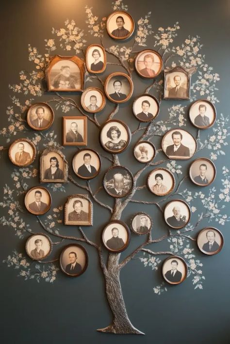 21 Photo Wall Arrangement Ideas To Display Family Pictures - Intreor Black Family Tree Tapestry, Visitor Photo Wall, Family Tree Nursery Ideas, Photo Memory Wall Display Ideas, Memorial Photo Collage Ideas, Wall Family Tree Ideas, Family Tree On Wall Ideas, Family Tree Picture Wall Ideas, How To Arrange Family Pictures On Wall