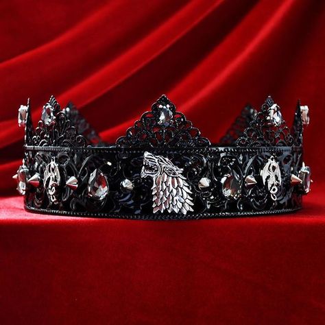 WALLACE BLACK WOLF CROWN  Fantastic hair accessories for theather production, parties proms or other special occasions  This crown is made with grey crystals.  You can chose any crystal color you want. Base metal is staying black.  More then one crystal color is also possible. Just leave a note when purchasing. - Metal, full round - Handmade - Size: 7cm (2.6") high. - Crown (full round)  Shop now: www.olenagrin.com Or our Etsy Store “ILoveMyCrown”  #crown #malecrown #menscrown #mancrown #king #p Stark Crown, Wolf Crown, Quartz Tiara, Game Of Thrones King, Medieval Crown, Male Crown, Gothic Crown, Crown King, Dragons Crown