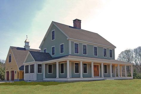 New England Farmhouse w/ Wrap-Around Porch (HQ Plans & Pics) | Metal Building Homes Colonial House With Porch, Farmhouse House Plans, Classic Colonial Homes, England Farmhouse, New England Farmhouse, Homestead House, Colonial House Plans, Colonial Farmhouse, Farmhouse Architecture