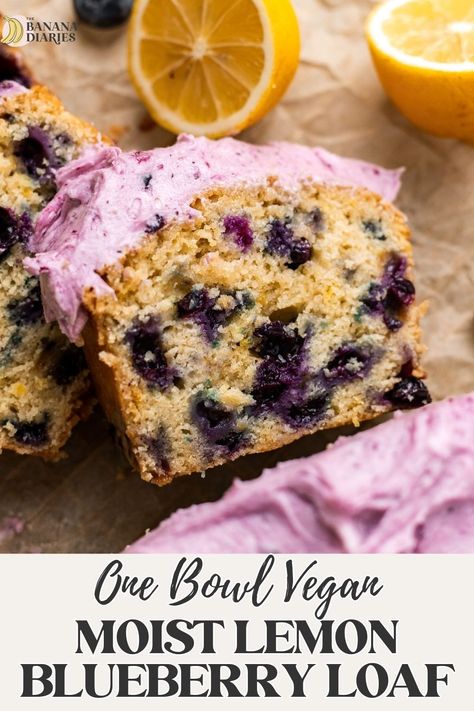 MOIST One Bowl Vegan Lemon Blueberry Loaf Recipe - No eggs! | The Banana Diaries Vegan Lemon Blueberry Cake, Blueberry Loaf Recipe, Vegan Blueberry Cake, Banana Diaries, Gluten Free Vegan Recipes Desserts, Blueberry Frosting, Vegan Dessert Bars, Lemon Blueberry Loaf, Lemon Blueberry Cake