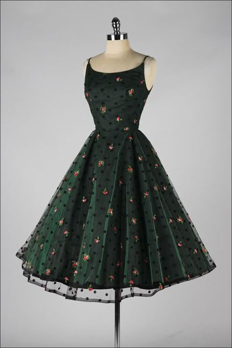 Vintage 1950's Jonny Herbert Green Tulle Embroidered Dress | From a collection of rare vintage evening dresses at http://www.1stdibs.com/fashion/clothing/evening-dresses/ Gothic Beach, Francoise Hardy, Green Tulle, Designer Evening Dresses, Vintage 1950s Dresses, Grey Dress, 50s Dresses, 1950s Dress, Mode Inspo