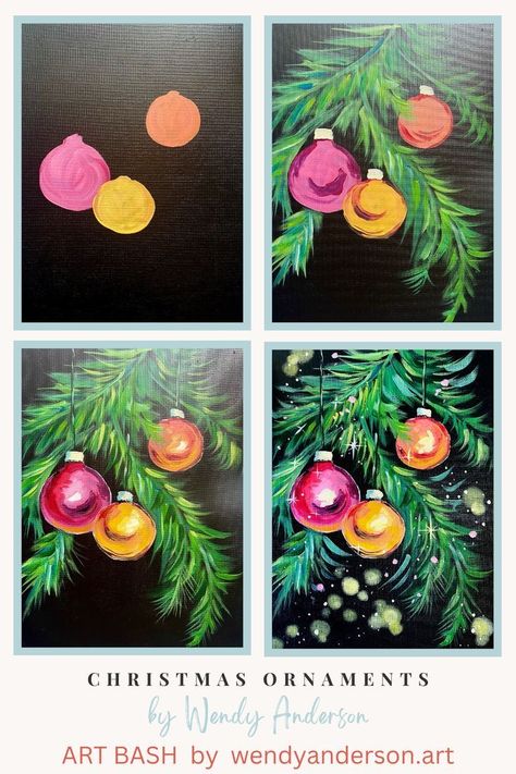 How To Christmas Paintings, Christmas Paint Canvas Ideas, 3 Canvas Christmas Painting, Christmas Paint Class Ideas, Christmas Acrylic Canvas Paintings, Holiday Painting Tutorials, Christmas Art Step By Step, Acrylic Holiday Paintings, Christmas Paint Step By Step