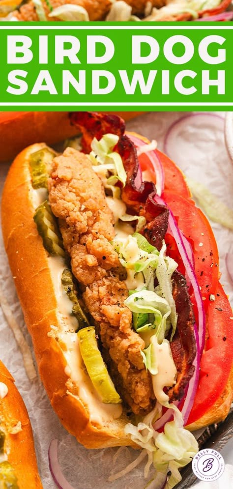 Bird Dog Sandwich l Belly Full Bird Dawg Recipe, Burger Bun Sandwich Ideas, Hot Case Food Ideas, Best Diner Food, Gourmet Sandwiches For Dinner, Hot Dinner Sandwiches, Hot Sandwich Ideas For Dinner, Best Dinner Sandwiches, Fancy Chicken Sandwiches