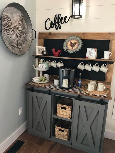 Build Your Own Coffee Bar, Diy Coffee Bar Plans, White Coffee Bar, Diy Coffee Bar Ideas, Barn Door Console, Coffee Bar Station, Coffee Bar Ideas, Coin Café, Farmhouse Coffee Bar