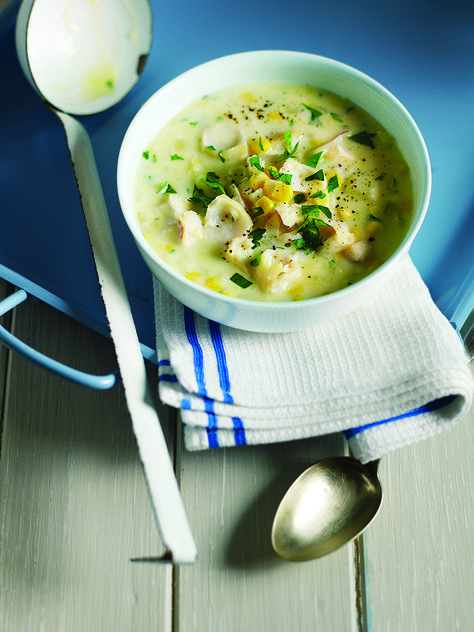 A quick and easy chowder recipe that only costs £4.96 to make for four hungry mouths. If haddock doesn't appeal, you could use mussels. Haddock Chowder Recipe, Smoked Haddock Recipes, Sweetcorn Chowder, Smoked Cod, Haddock Recipes, Chowder Recipes Seafood, Fish Chowder, Jamie Oliver Recipes, Bbc Good Food Recipes