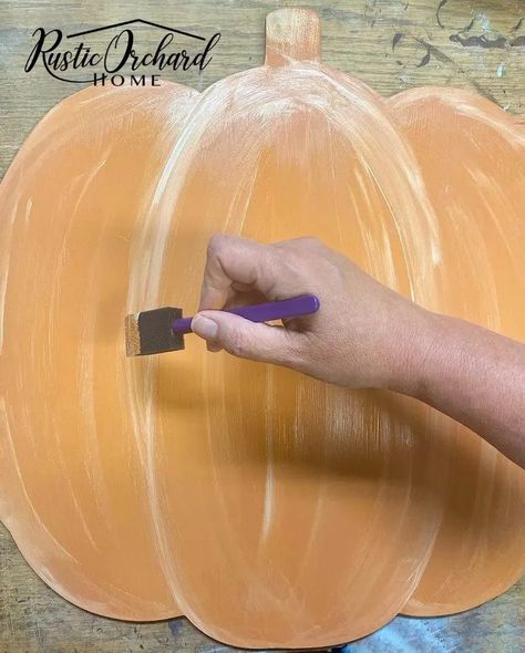 Farmhouse Pumpkin Door Hanger, How To Paint Wood Pumpkins, How To Paint A Wooden Pumpkin Cutout, Paint Wooden Pumpkin, Painting A Pumpkin On Wood, Painting Wooden Pumpkin Cutouts, Painted Wooden Pumpkins Door Hangers, How To Paint Wooden Pumpkins, Pumpkin Wooden Door Hangers