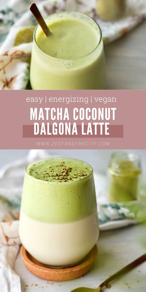 Food photography of a Matcha Coconut Dalgona Latte Matcha Dalgona Latte, Coconut Matcha Latte, Spring Coffee Drinks, Barista Drinks, Matcha Drink Recipes, Coconut Matcha, Coconut Latte, Vegan Latte, Matcha Coconut