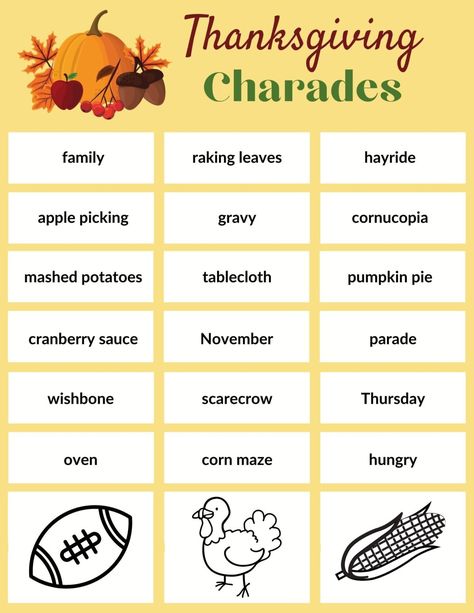 This fun printable Thanksgiving game of charades is great for the whole family! You can play after dinner as a way to have some fun together. Thanksgiving Charades, Charades Words, Charades For Kids, Thanksgiving Games For Adults, Thanksgiving Bingo, Thanksgiving Games For Kids, Charades Game, Home Party Games, Picture Clues