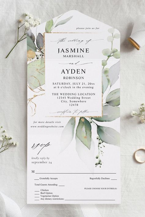 Eucalyptus Glow Gold Greenery Wedding V2 All In One Invitation Gold Greenery Wedding, Dream Garden Wedding, Text Wedding, Wedding Announcement Cards, Bride Planning, Garden Theme Wedding, Garden Weddings Ceremony, Garden Wedding Invitations, Boho Wedding Inspiration