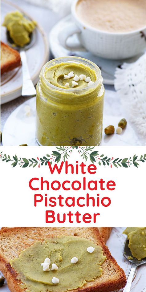 White Chocolate Pistachio Butter – This homemade spread is simple, delicious and full of flavors. It tastes SO good on toast, waffles, with yogurt and the options are endless! Perfect for the holiday season! English Tea Sandwiches, Chocolate Pistachio, Pistachio Butter, Chocolate Slabs, Eggless Baking, Sandwich Fillings, Chocolate Butter, Spread Recipes, Tea Sandwiches