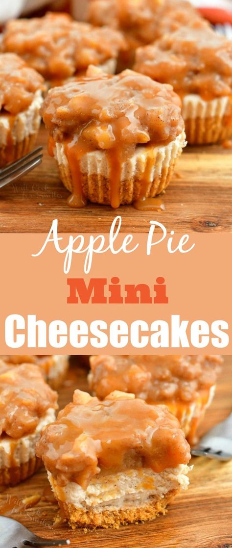 These are the perfect mini cheesecakes for the season! Every bite of these individual cheesecakes features creamy filling, sweet apple pie topping, and a drizzle of caramel. Mini Apple Pie Cheesecake, Apple Pie Cheesecake Bites, Apple Pie Cheesecake, Individual Cheesecakes, Mini Pumpkin Cheesecake, Cheesecake Bites Recipe, Mini Cheesecake Recipes, Mini Apple Pies, Best Cheesecake