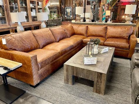 Potato Barn® on Instagram: "We love custom leather. We love it even more when it’s made in 🇺🇸 Want a leather sectional that’s RAF instead of this one that’s LAF? Speak with our amazing sales team in Scottsdale. Click link in bio for Scottsdale store info. Shop this comfy leather sectional at Potato Barn Scottsdale. #potatobarn #carolinacustomleather #americanmanufacturing" Light Brown Leather Sectional, Oversized Leather Sectional, Chalet Furniture, Leather Sectional Living Room, Rustic Couch, Country Cottage Living Room, Farmhouse Addition, Leather Couch Sectional, Country Cottage Living