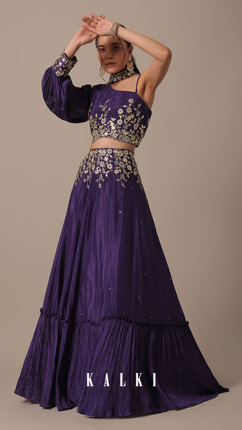 Put forth a fun and fabulous look by stepping out in this exquisitely designed lehenga set. Featuring a single cold-shoulder neckline, it flaunts intricate embroidery. Decked with sequin, cutdana and gota patti work, this two-piece outfit comes crafted on flowy chiffon fabric. Garment Illustration, Purple Lehenga, Bollywood Theme, Gota Patti Work, Haldi Outfit, Quick Nail, Bridesmaid Saree, Fashionable Saree Blouse Designs, Fancy Sarees Party Wear